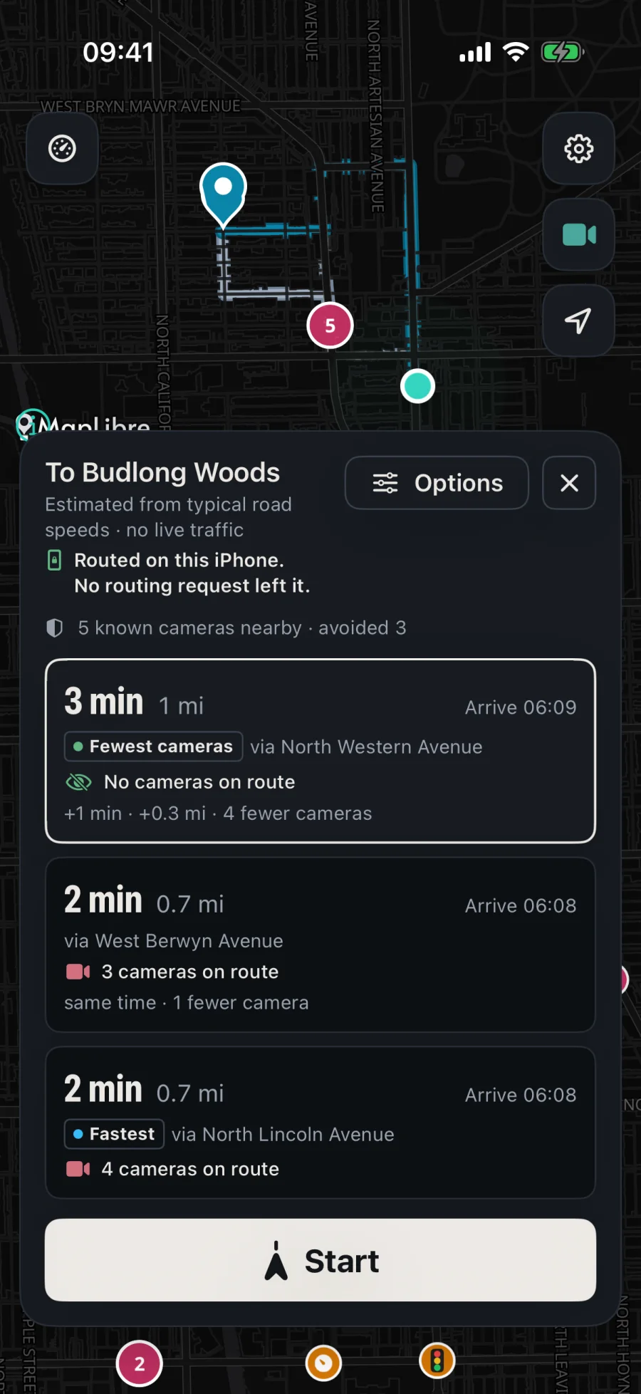 Offlock route preview to Budlong Woods showing three options; the first says No cameras on route, +1 min, 4 fewer cameras