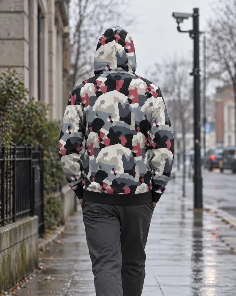 S01 hoodie in the Fog colourway, seen from behind on a wet street